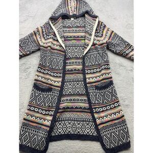 Monteau Los Angeles Womens Navy Fair Isle Geometric Longline Hooded Cardigan M